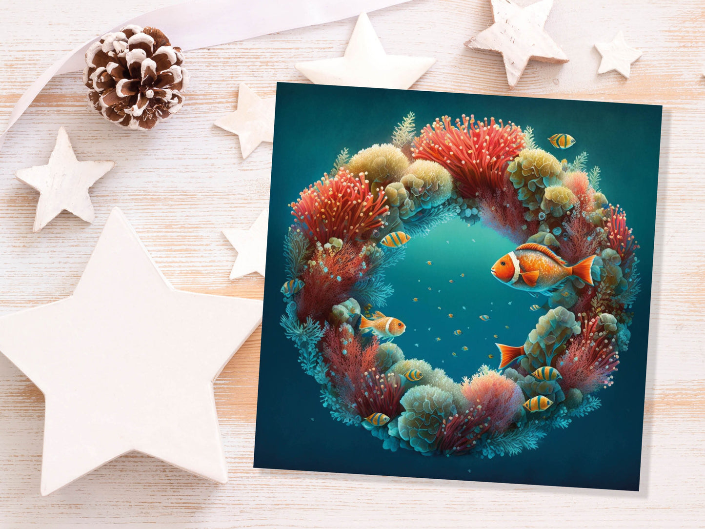 Coral Christmas Card Funny Ocean Reef Festive Wreath Pun with Seaweed Sea Sponges Teal Orange Greetings Cards For Family Friends Xmas 2023