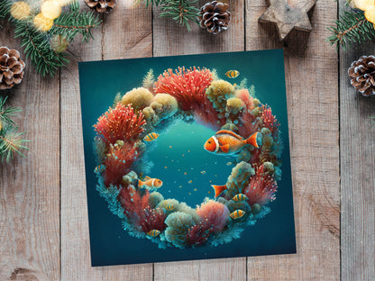 Coral Christmas Card Funny Ocean Reef Festive Wreath Pun with Seaweed Sea Sponges Teal Orange Greetings Cards For Family Friends Xmas 2023