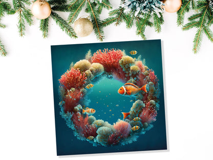 Coral Christmas Card Funny Ocean Reef Festive Wreath Pun with Seaweed Sea Sponges Teal Orange Greetings Cards For Family Friends Xmas 2023