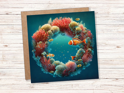 Coral Christmas Card Funny Ocean Reef Festive Wreath Pun with Seaweed Sea Sponges Teal Orange Greetings Cards For Family Friends Xmas 2023