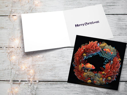 Ocean Coral Christmas Card Funny Reef Festive Wreath Pun with Sea Sponges Seaweed Black Orange Greetings Cards For Family Friends Xmas 2023