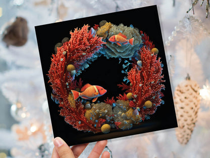 Ocean Coral Christmas Card Funny Reef Festive Wreath Pun with Sea Sponges Seaweed Black Orange Greetings Cards For Family Friends Xmas 2023