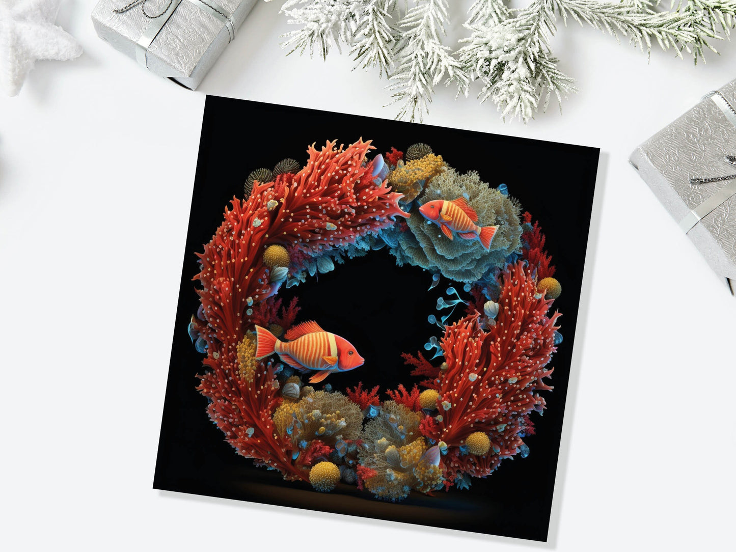 Ocean Coral Christmas Card Funny Reef Festive Wreath Pun with Sea Sponges Seaweed Black Orange Greetings Cards For Family Friends Xmas 2023