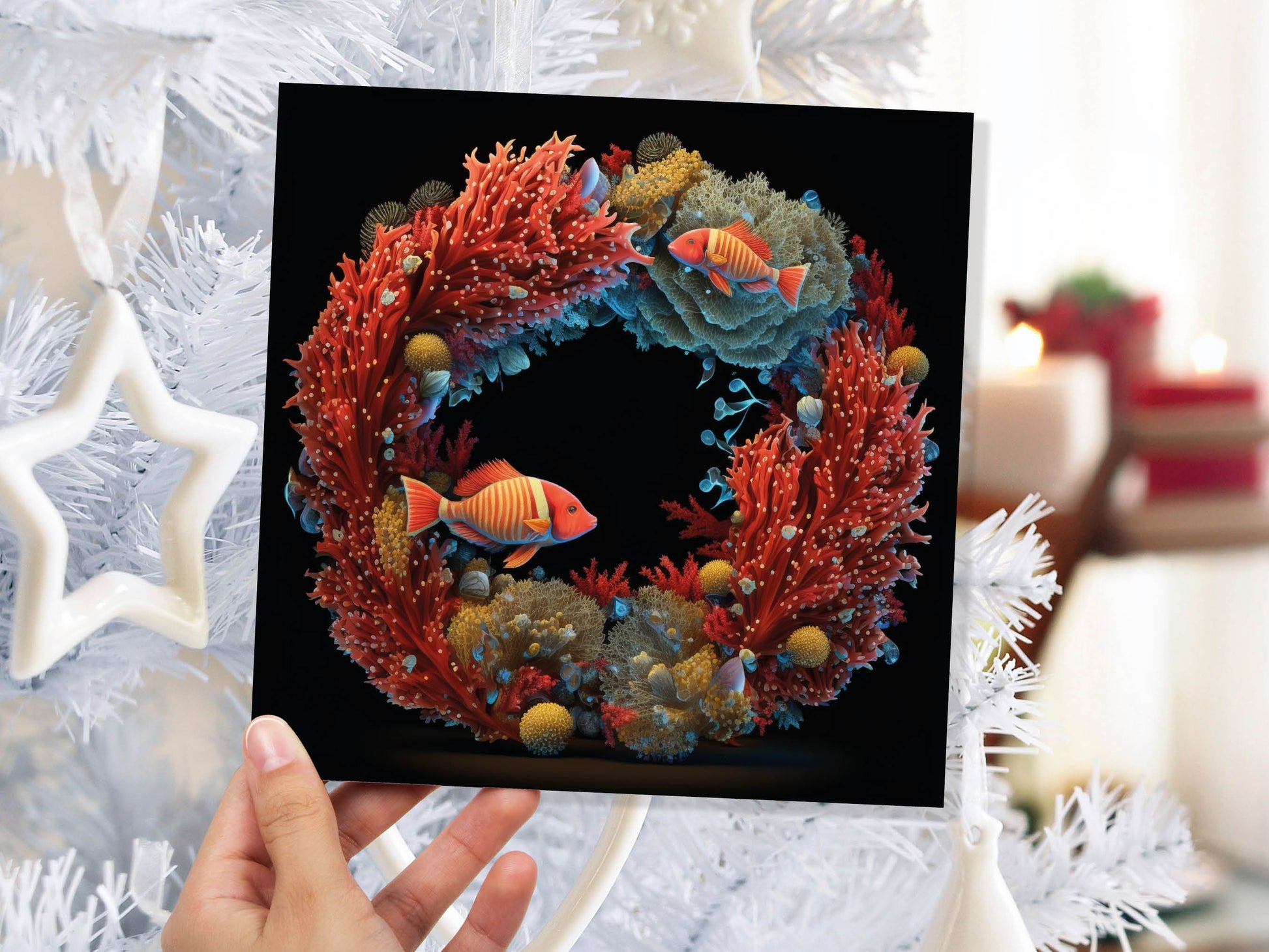 Ocean Coral Christmas Card Funny Reef Festive Wreath Pun with Sea Sponges Seaweed Black Orange Greetings Cards For Family Friends Xmas 2023