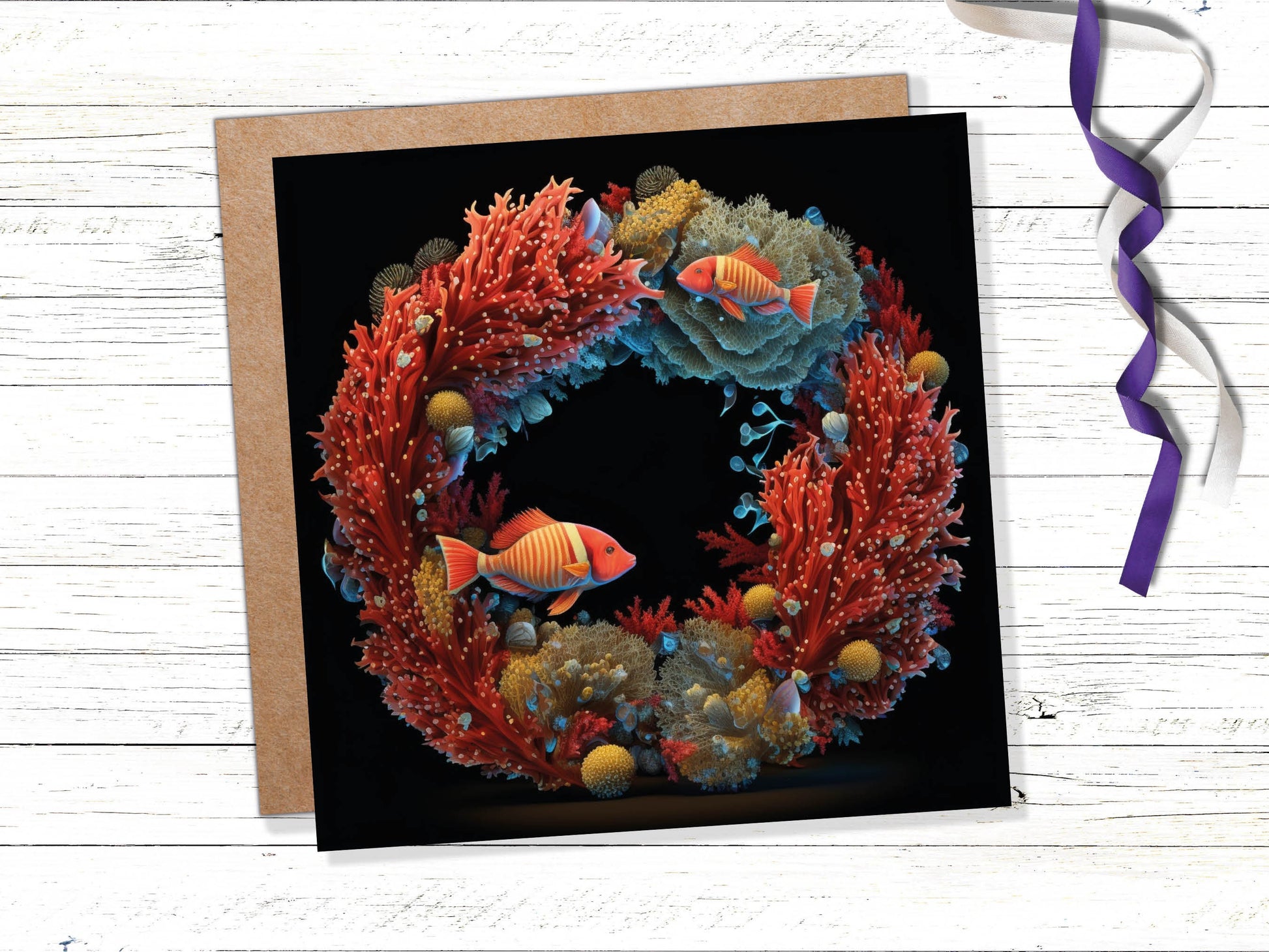 Ocean Coral Christmas Card Funny Reef Festive Wreath Pun with Sea Sponges Seaweed Black Orange Greetings Cards For Family Friends Xmas 2023