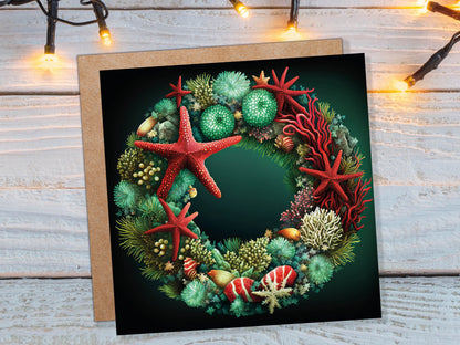 Coral Reef Christmas Card Funny Festive Wreath Pun Starfish Seaweed Sea Life Urchins Red Green Greetings Cards For Family Friends Xmas 2023