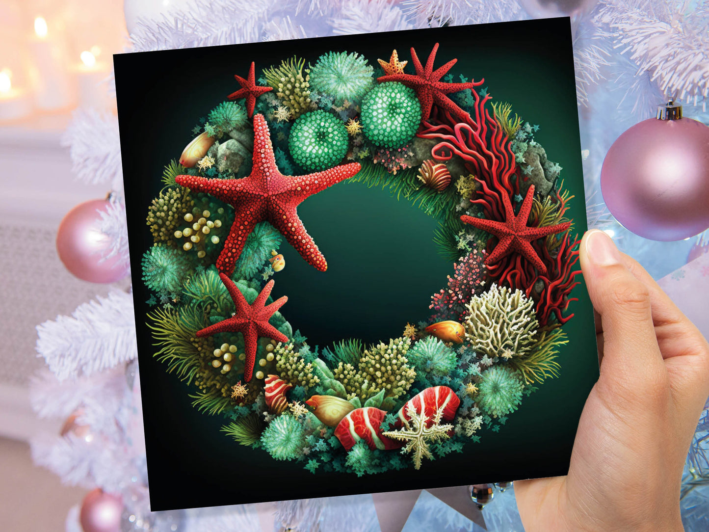 Coral Reef Christmas Card Funny Festive Wreath Pun Starfish Seaweed Sea Life Urchins Red Green Greetings Cards For Family Friends Xmas 2023