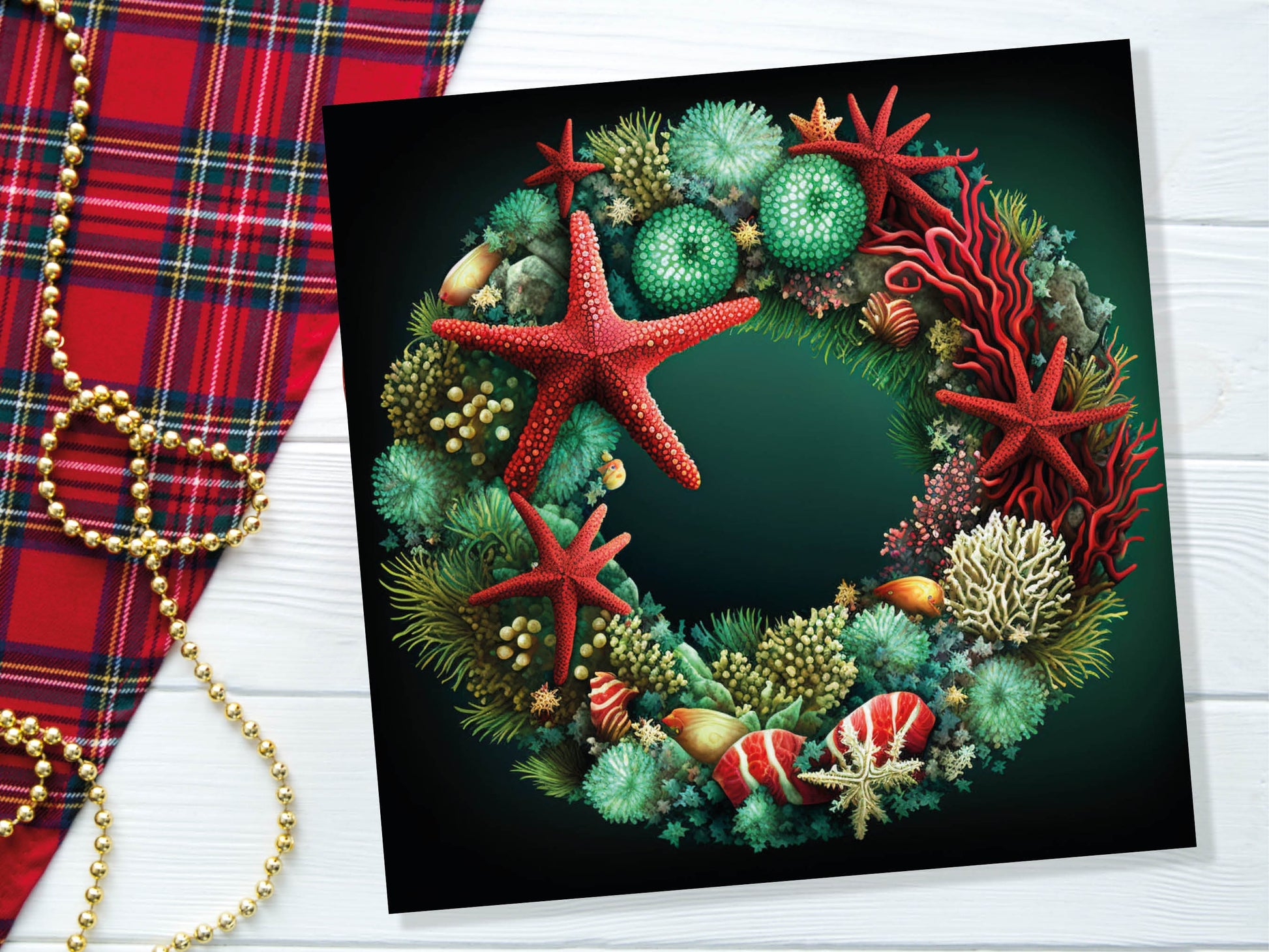 Coral Reef Christmas Card Funny Festive Wreath Pun Starfish Seaweed Sea Life Urchins Red Green Greetings Cards For Family Friends Xmas 2023