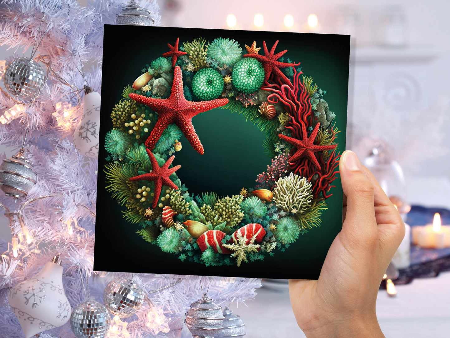 Coral Reef Christmas Card Funny Festive Wreath Pun Starfish Seaweed Sea Life Urchins Red Green Greetings Cards For Family Friends Xmas 2023