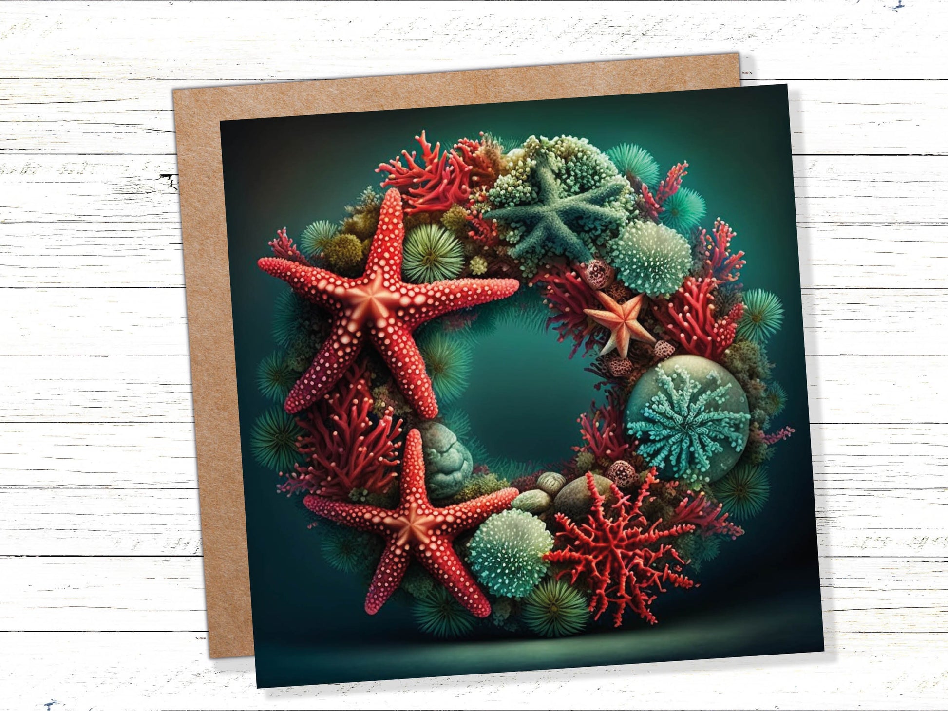 Ocean Coral Reef Christmas Card Festive Wreath Pun Funny Starfish Seaweed Sea Life Red Green Greetings Cards For Family Friends Xmas 2023