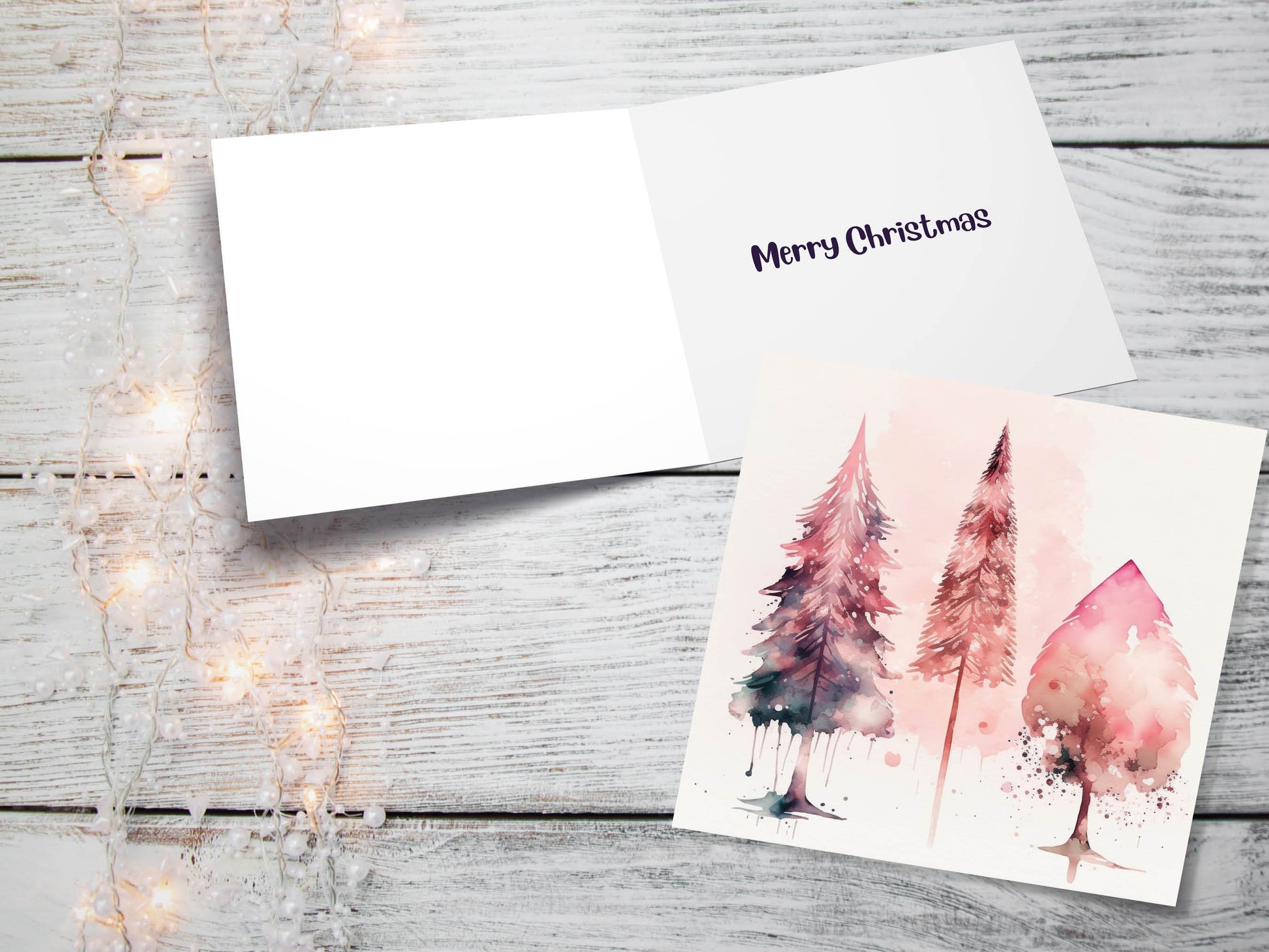 Watercolour Christmas Trees Card Beautiful Pink Messy Painting Splashes Modern Elegant Fir Tree Greetings Cards For Family Friends Xmas 2023