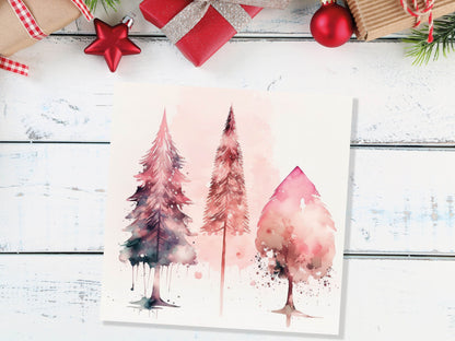 Watercolour Christmas Trees Card Beautiful Pink Messy Painting Splashes Modern Elegant Fir Tree Greetings Cards For Family Friends Xmas 2023