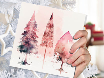 Watercolour Christmas Trees Card Beautiful Pink Messy Painting Splashes Modern Elegant Fir Tree Greetings Cards For Family Friends Xmas 2023