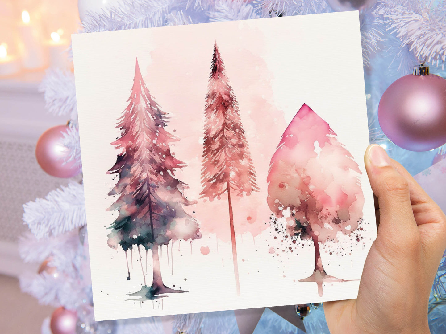 Watercolour Christmas Trees Card Beautiful Pink Messy Painting Splashes Modern Elegant Fir Tree Greetings Cards For Family Friends Xmas 2023