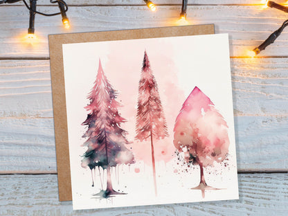 Watercolour Christmas Trees Card Beautiful Pink Messy Painting Splashes Modern Elegant Fir Tree Greetings Cards For Family Friends Xmas 2023