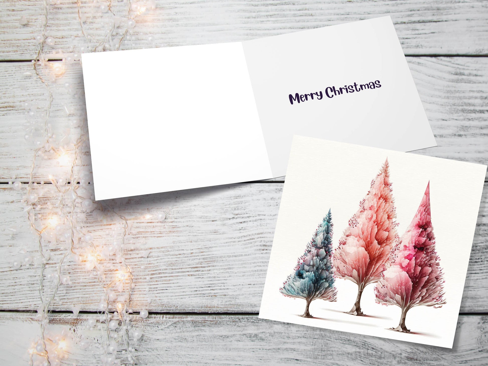 Watercolour Trees Christmas Card Modern Elegant Fir Tree Blue Coral Pink White Simple Painting Greetings Cards For Family Friends Xmas 2023