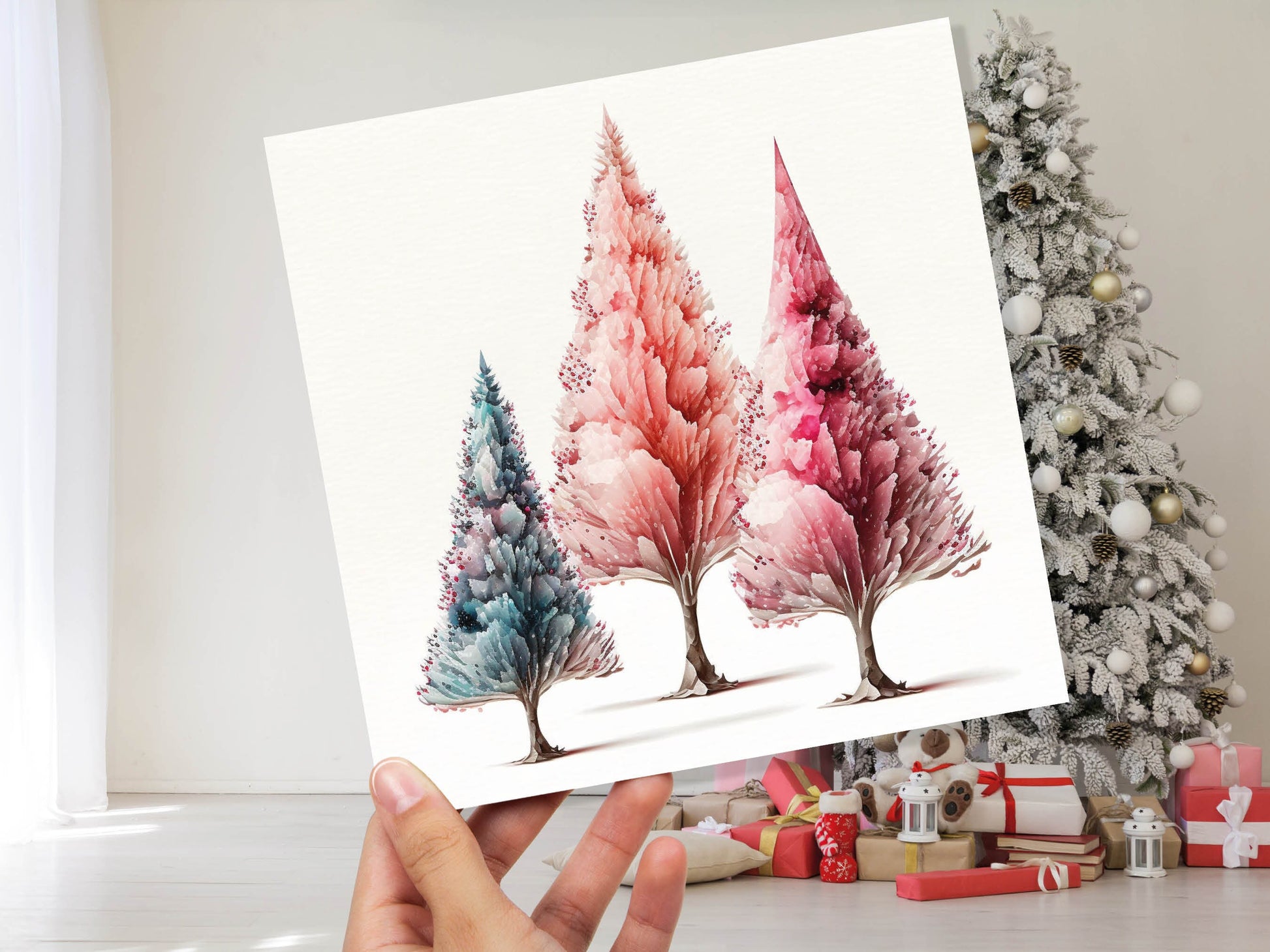 Watercolour Trees Christmas Card Modern Elegant Fir Tree Blue Coral Pink White Simple Painting Greetings Cards For Family Friends Xmas 2023