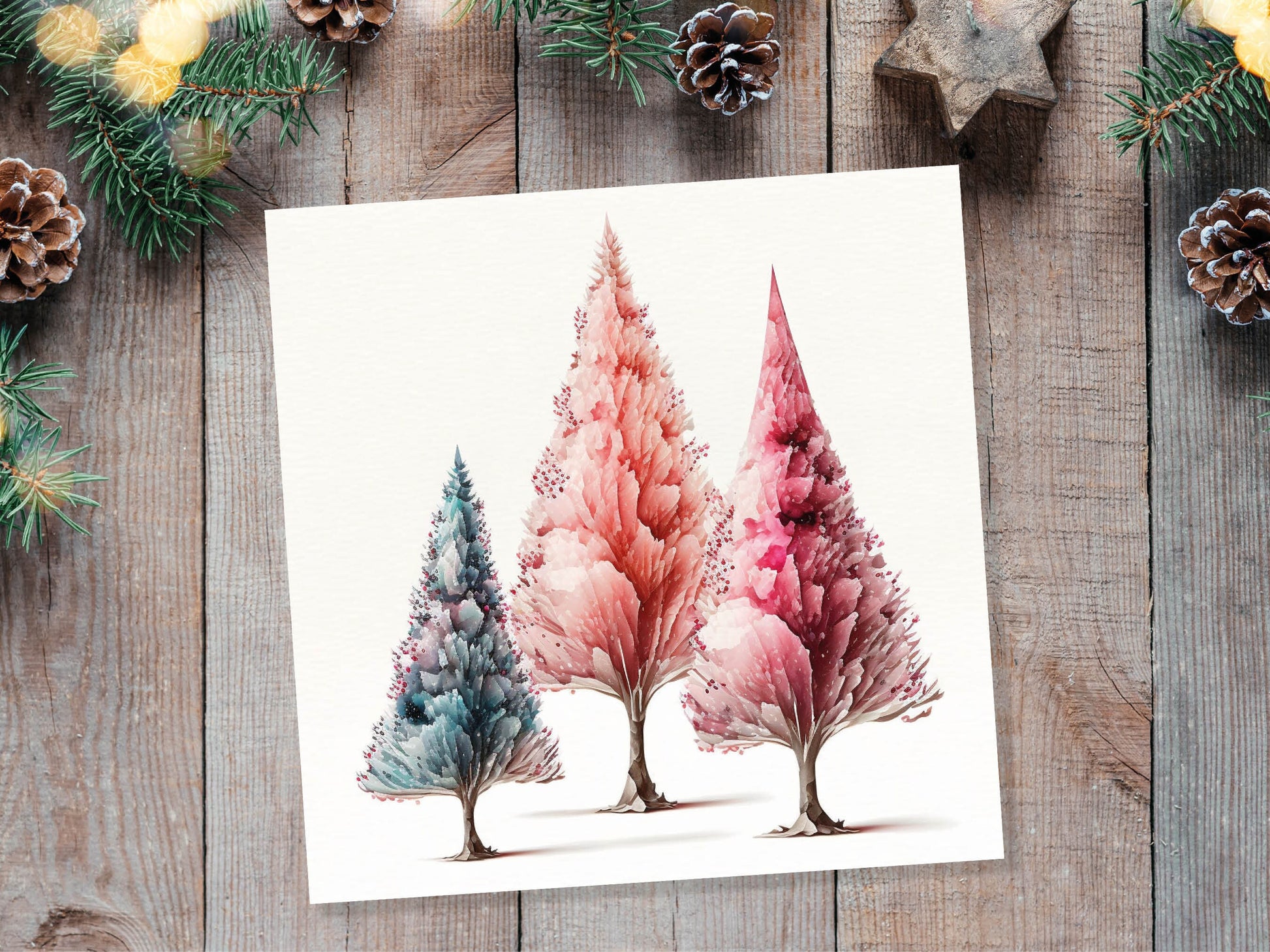 Watercolour Trees Christmas Card Modern Elegant Fir Tree Blue Coral Pink White Simple Painting Greetings Cards For Family Friends Xmas 2023