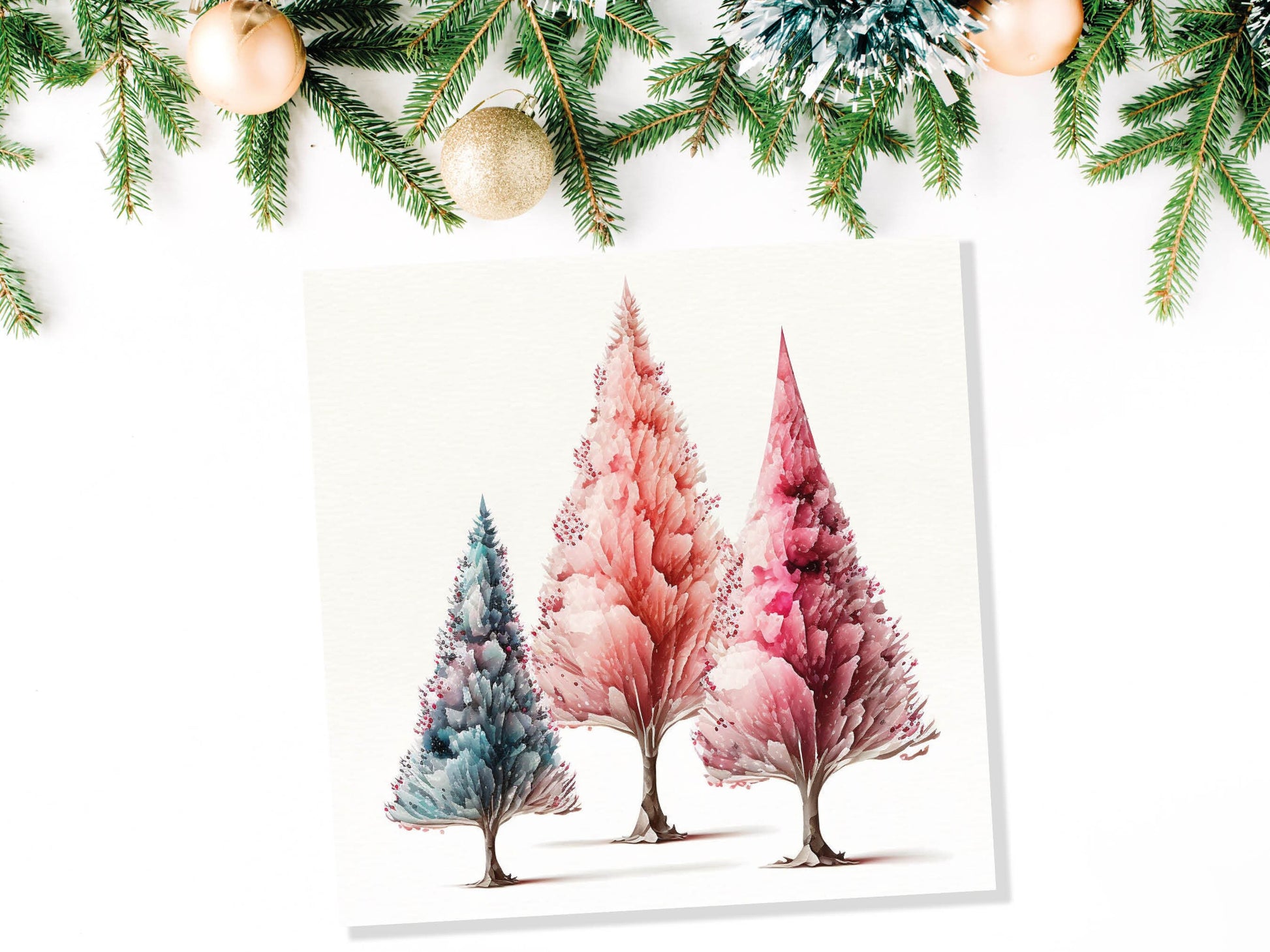 Watercolour Trees Christmas Card Modern Elegant Fir Tree Blue Coral Pink White Simple Painting Greetings Cards For Family Friends Xmas 2023