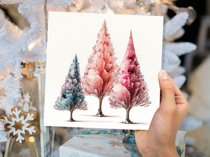 Watercolour Trees Christmas Card Modern Elegant Fir Tree Blue Coral Pink White Simple Painting Greetings Cards For Family Friends Xmas 2023