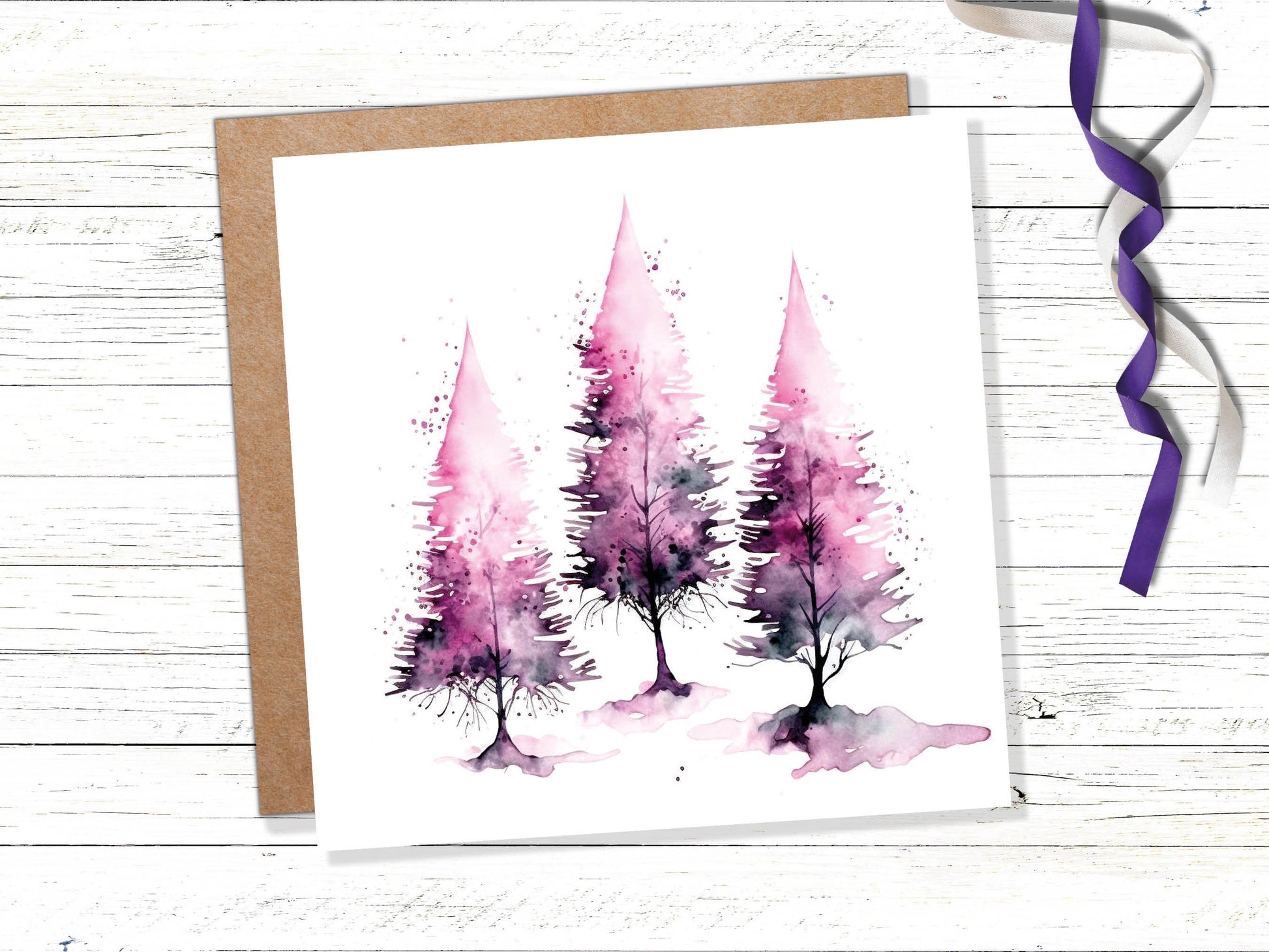 Purple Watercolour Trees Christmas Card Modern Elegant Fir Tree Pink White Simple Ink Painting Greetings Cards For Family Friends Xmas 2023