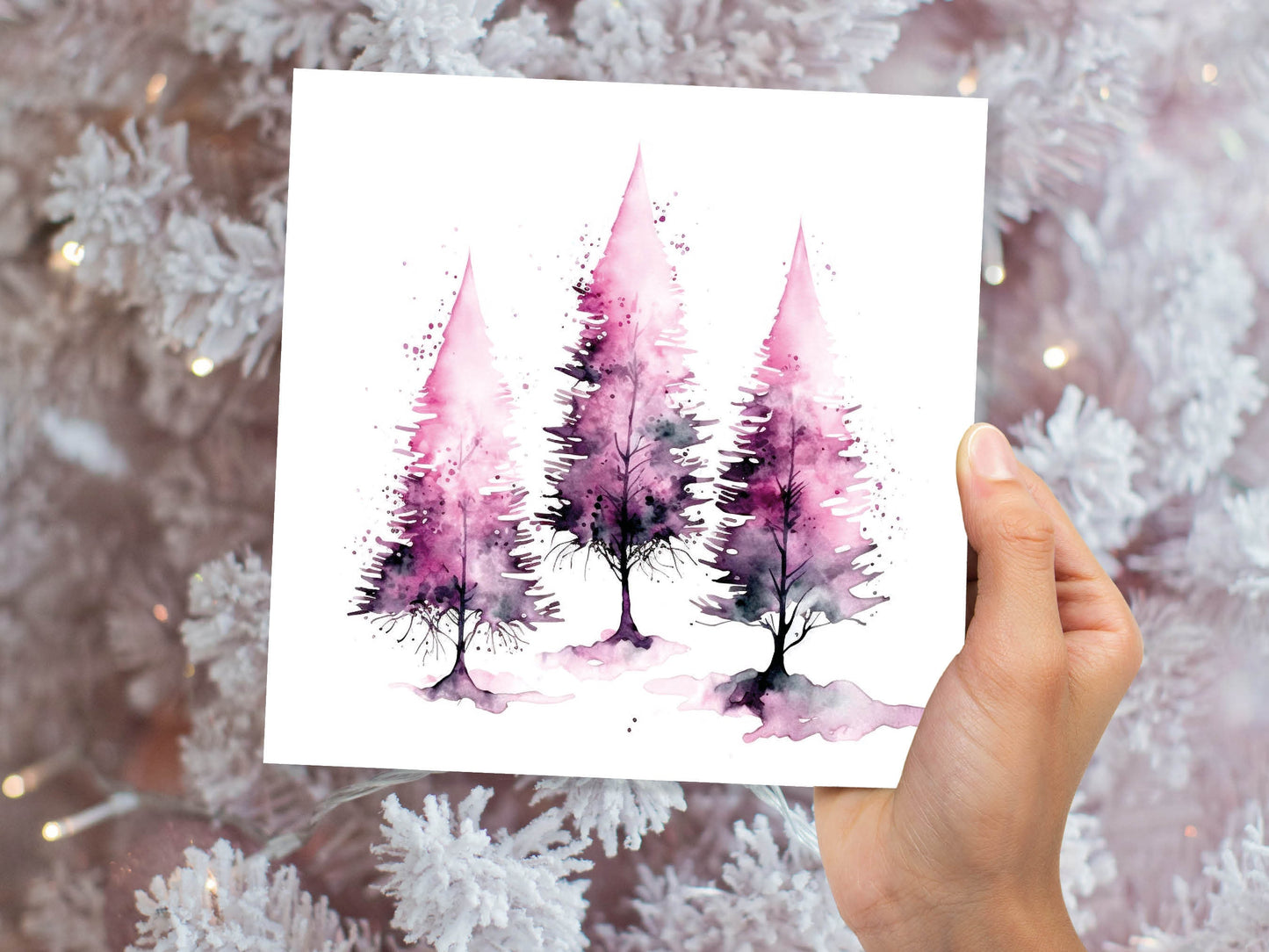 Purple Watercolour Trees Christmas Card Modern Elegant Fir Tree Pink White Simple Ink Painting Greetings Cards For Family Friends Xmas 2023