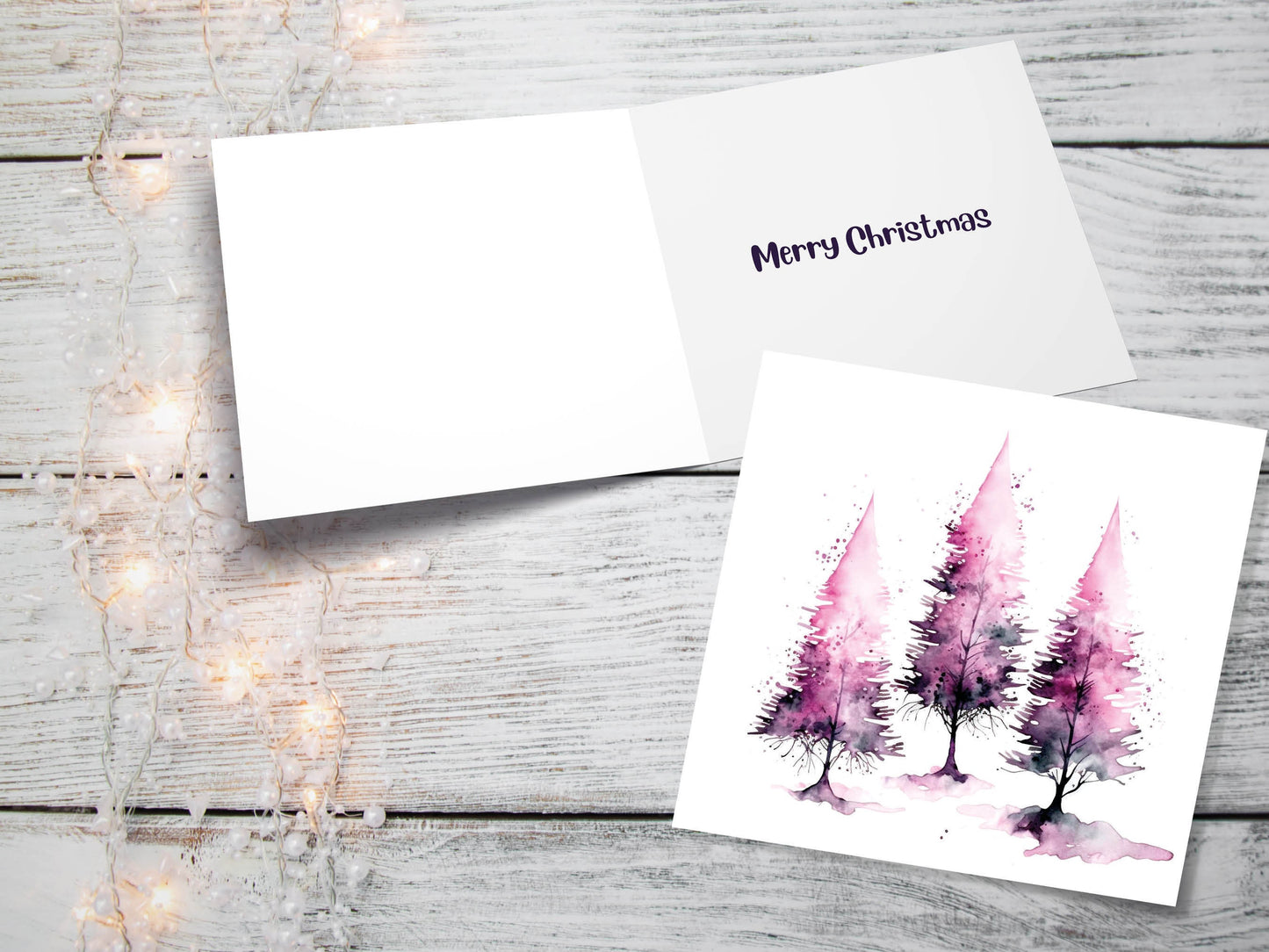 Purple Watercolour Trees Christmas Card Modern Elegant Fir Tree Pink White Simple Ink Painting Greetings Cards For Family Friends Xmas 2023