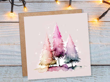 Messy Watercolour Trees Christmas Card Modern Elegant Fir Tree Fairy Lights Rainbow Painting Greetings Cards For Family Friends Xmas 2023