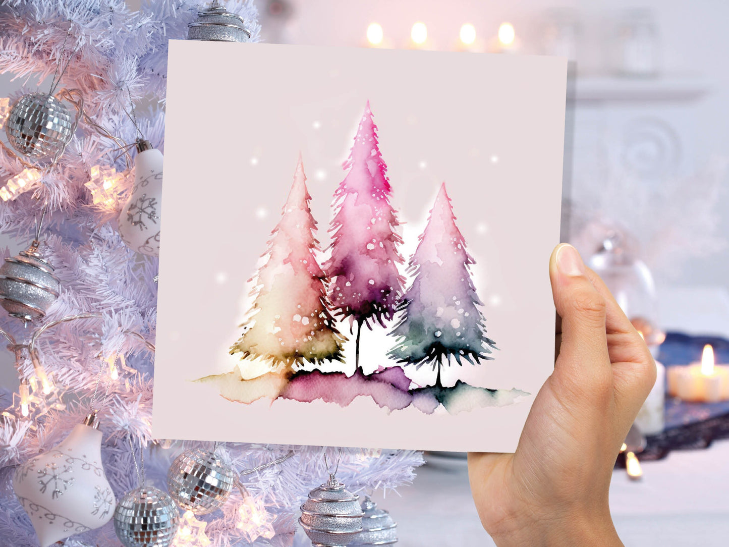 Messy Watercolour Trees Christmas Card Modern Elegant Fir Tree Fairy Lights Rainbow Painting Greetings Cards For Family Friends Xmas 2023