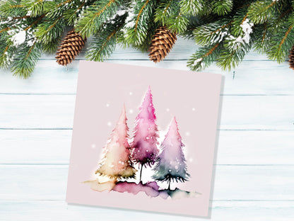 Messy Watercolour Trees Christmas Card Modern Elegant Fir Tree Fairy Lights Rainbow Painting Greetings Cards For Family Friends Xmas 2023