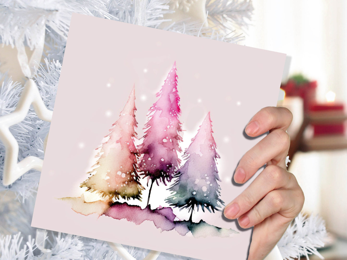 Messy Watercolour Trees Christmas Card Modern Elegant Fir Tree Fairy Lights Rainbow Painting Greetings Cards For Family Friends Xmas 2023