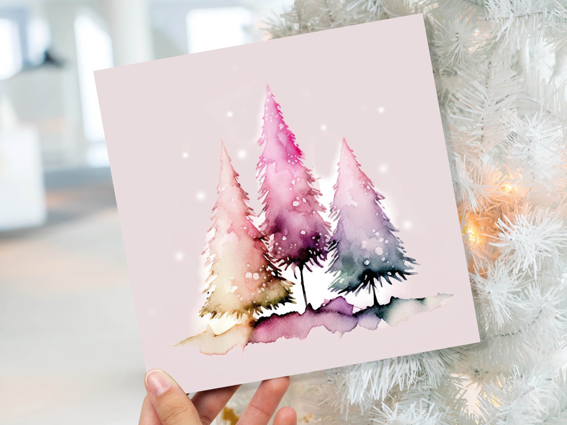 Messy Watercolour Trees Christmas Card Modern Elegant Fir Tree Fairy Lights Rainbow Painting Greetings Cards For Family Friends Xmas 2023