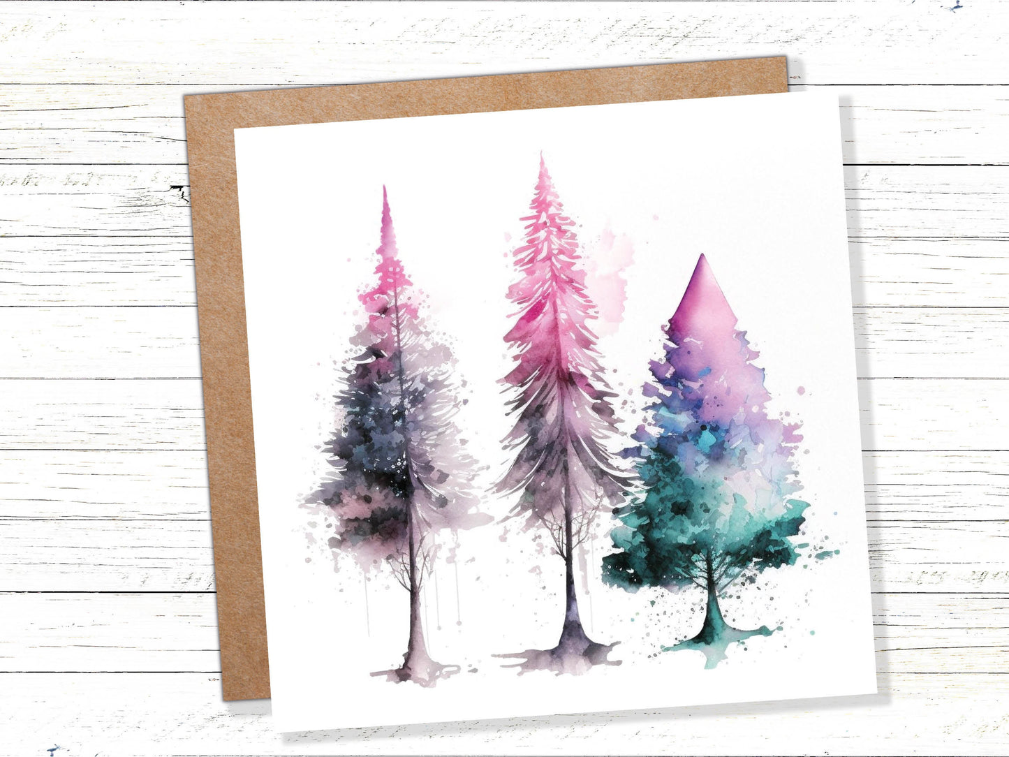 Messy Watercolour Trees Christmas Card Teal Purple Pink Green Modern Elegant Fir Tree Painting Greetings Cards For Family Friends Xmas 2023