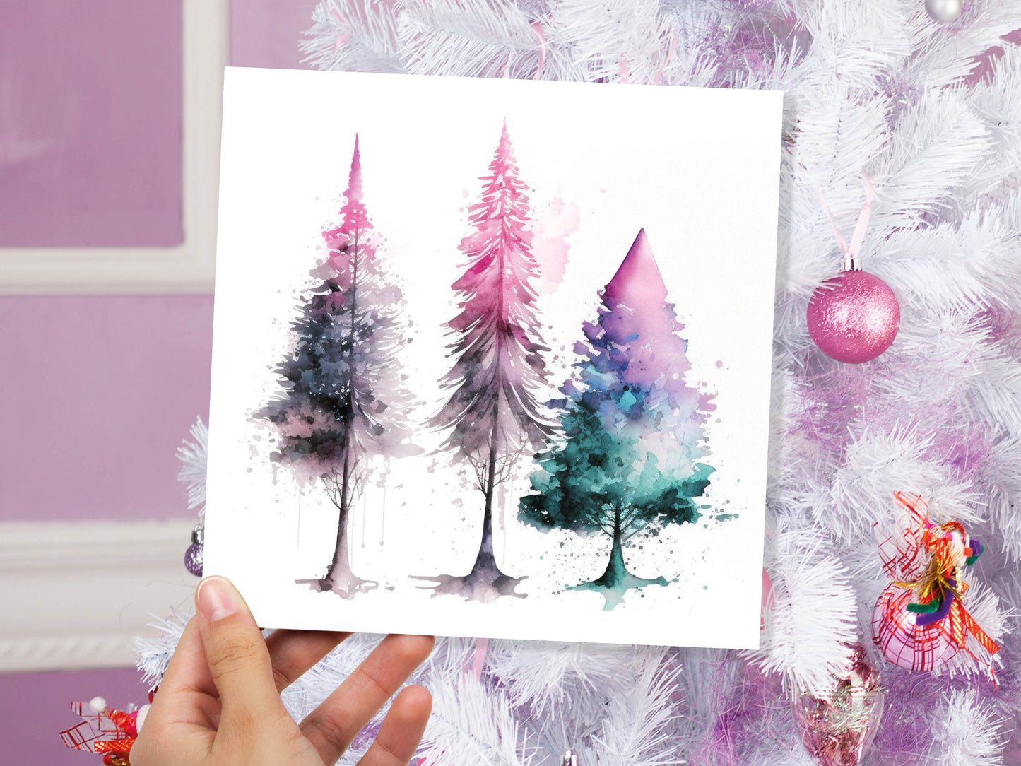 Messy Watercolour Trees Christmas Card Teal Purple Pink Green Modern Elegant Fir Tree Painting Greetings Cards For Family Friends Xmas 2023