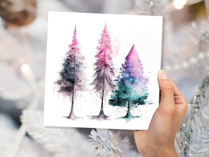 Messy Watercolour Trees Christmas Card Teal Purple Pink Green Modern Elegant Fir Tree Painting Greetings Cards For Family Friends Xmas 2023