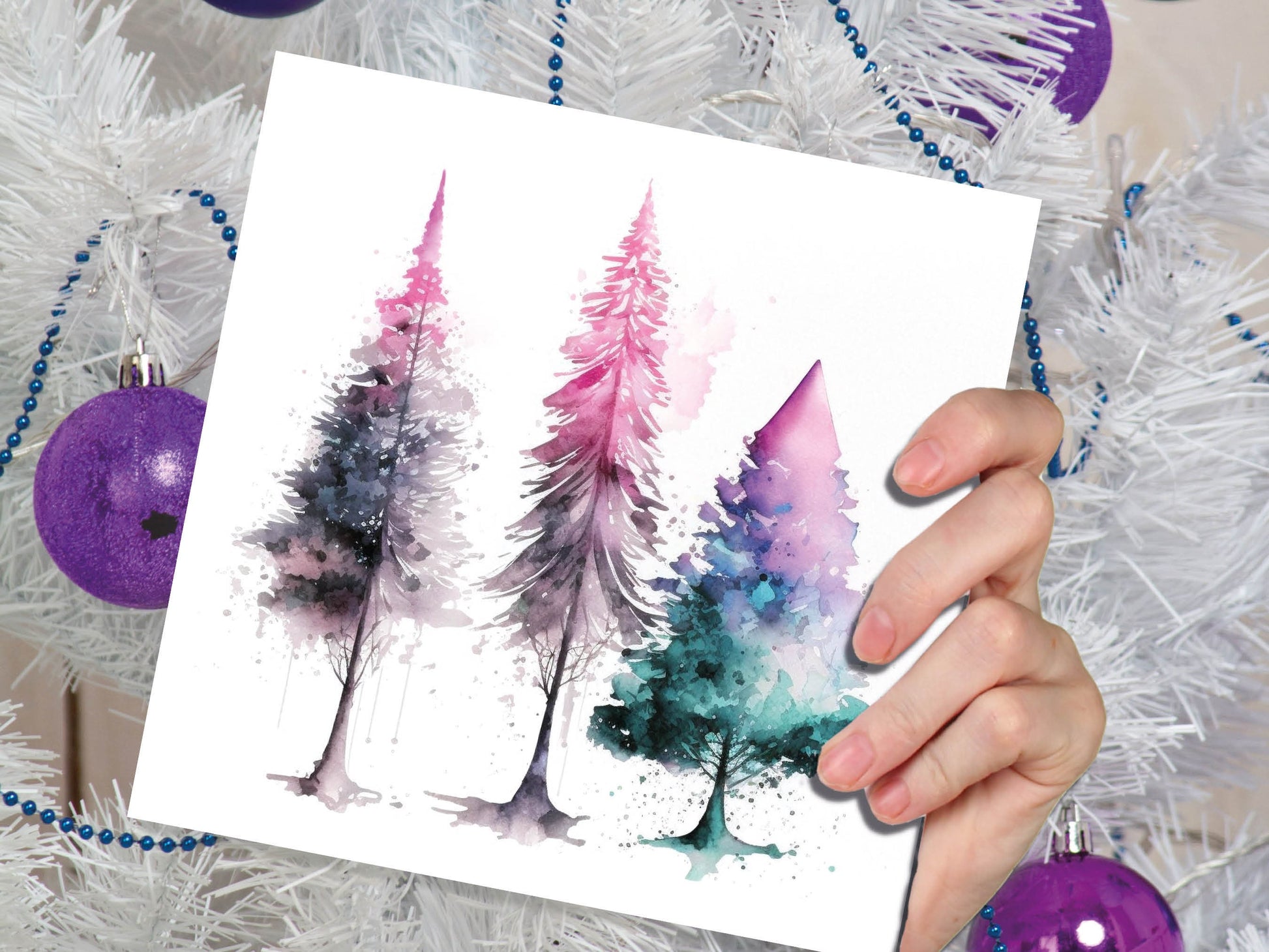 Messy Watercolour Trees Christmas Card Teal Purple Pink Green Modern Elegant Fir Tree Painting Greetings Cards For Family Friends Xmas 2023