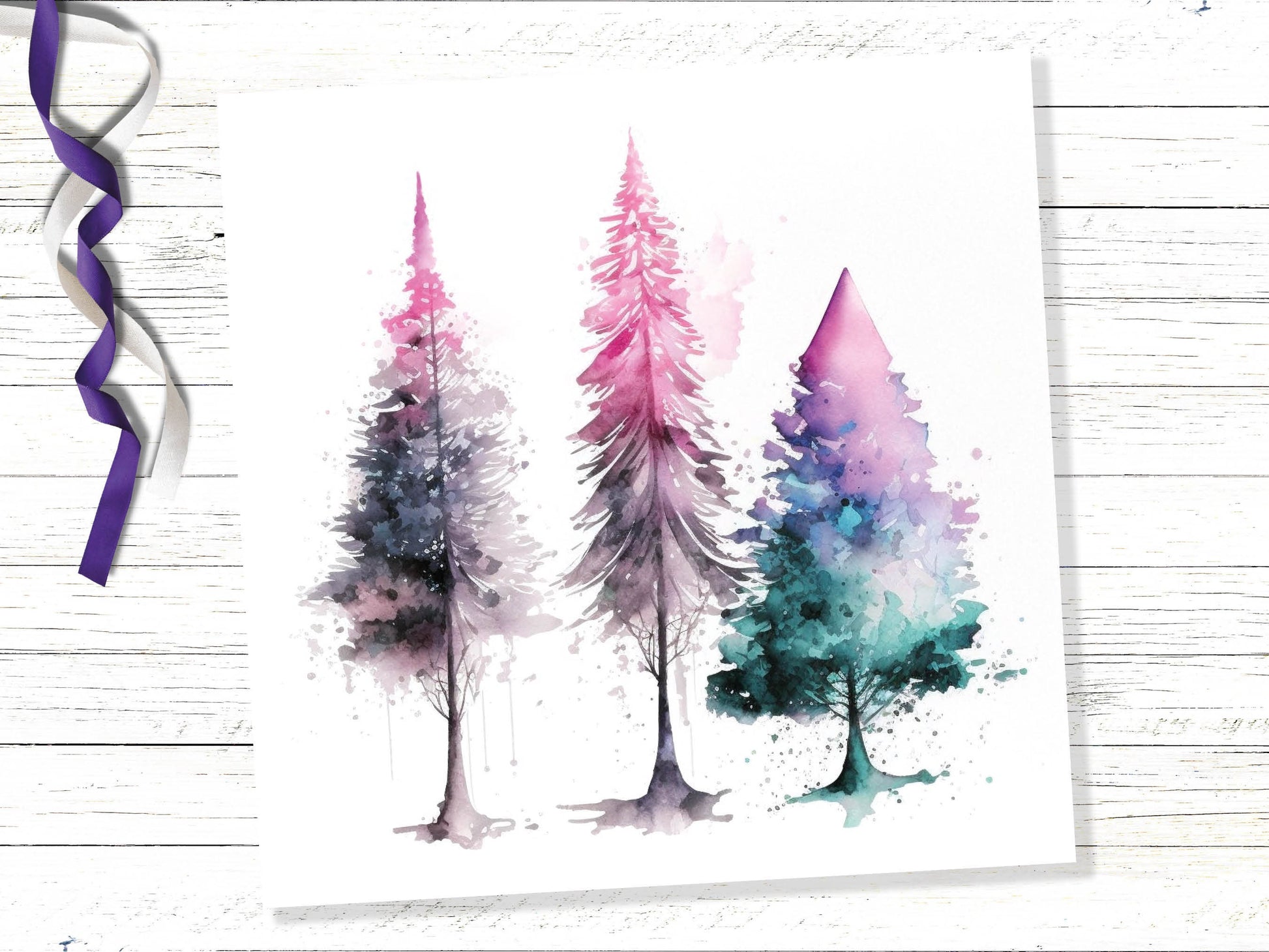 Messy Watercolour Trees Christmas Card Teal Purple Pink Green Modern Elegant Fir Tree Painting Greetings Cards For Family Friends Xmas 2023