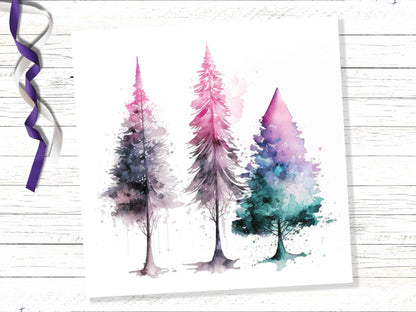 Messy Watercolour Trees Christmas Card Teal Purple Pink Green Modern Elegant Fir Tree Painting Greetings Cards For Family Friends Xmas 2023