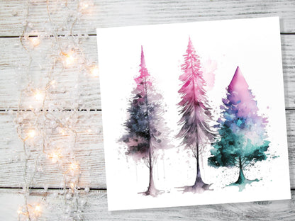 Messy Watercolour Trees Christmas Card Teal Purple Pink Green Modern Elegant Fir Tree Painting Greetings Cards For Family Friends Xmas 2023