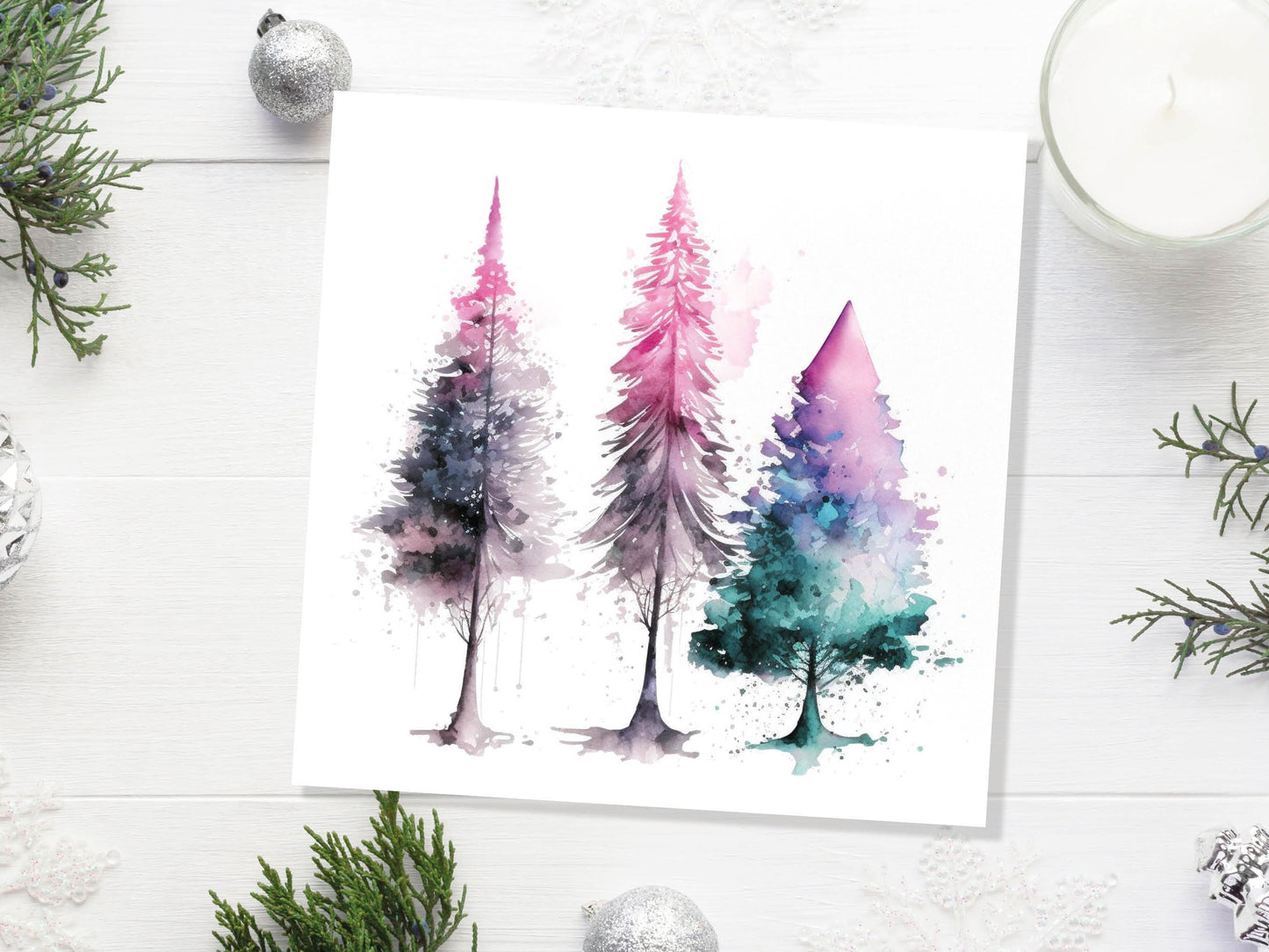 Messy Watercolour Trees Christmas Card Teal Purple Pink Green Modern Elegant Fir Tree Painting Greetings Cards For Family Friends Xmas 2023