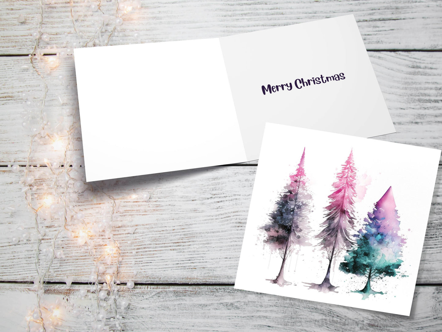 Messy Watercolour Trees Christmas Card Teal Purple Pink Green Modern Elegant Fir Tree Painting Greetings Cards For Family Friends Xmas 2023