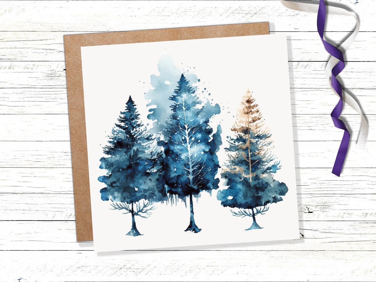 Watercolour Trees Christmas Card Prussian Blue Modern Elegant Fir Tree Messy Painting Simple Greetings Cards For Family Friends Xmas 2023