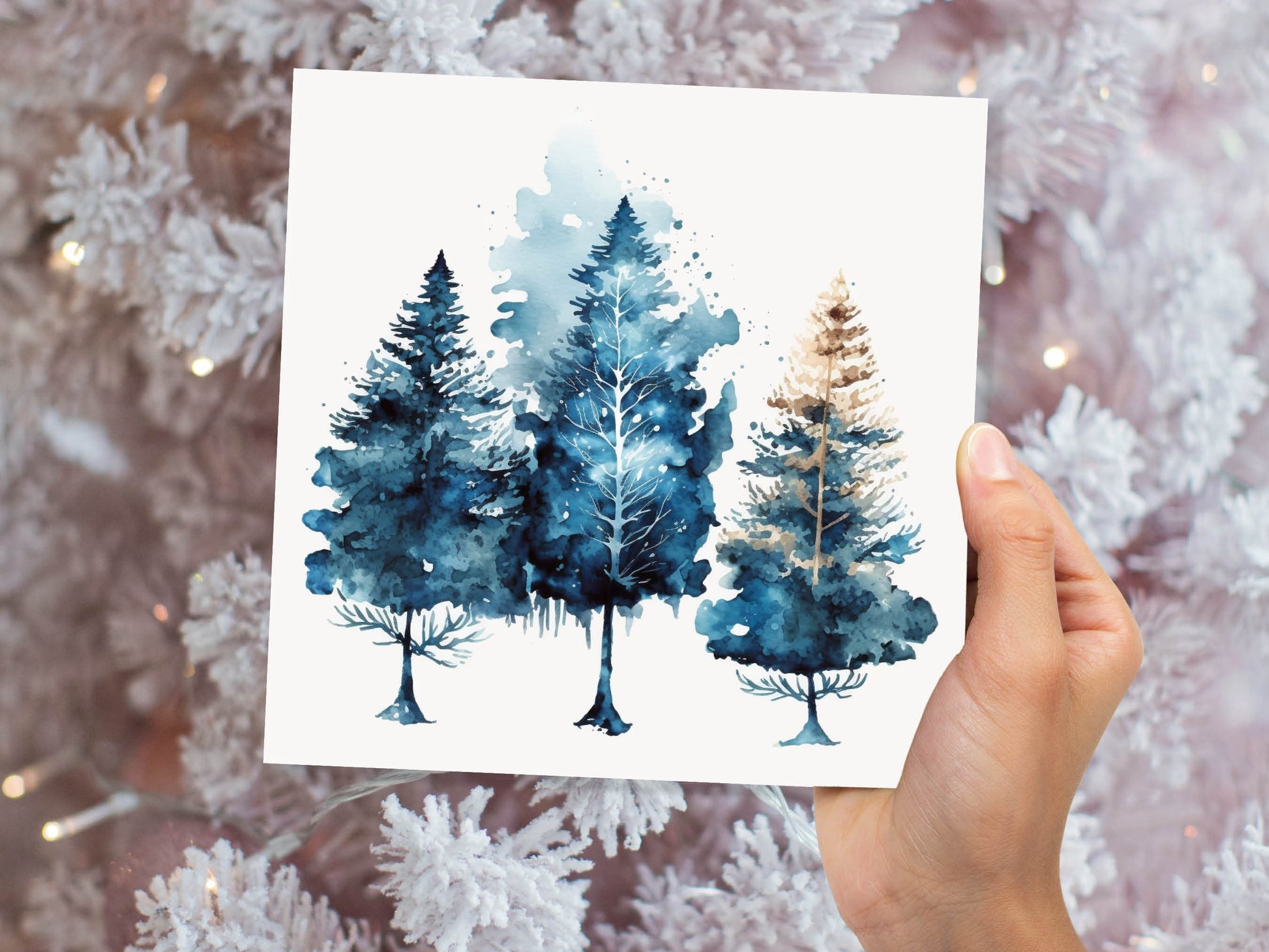 Watercolour Trees Christmas Card Prussian Blue Modern Elegant Fir Tree Messy Painting Simple Greetings Cards For Family Friends Xmas 2023