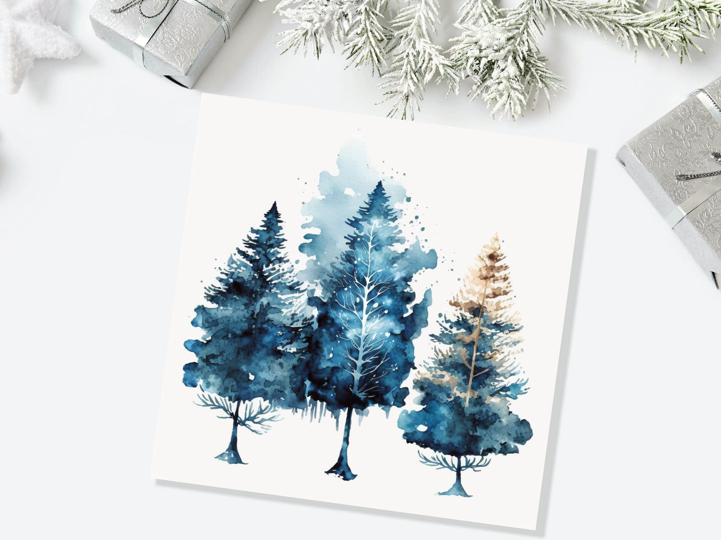 Watercolour Trees Christmas Card Prussian Blue Modern Elegant Fir Tree Messy Painting Simple Greetings Cards For Family Friends Xmas 2023