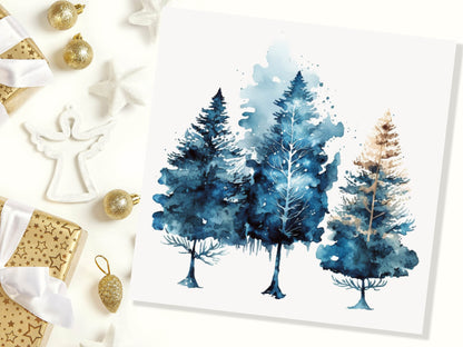 Watercolour Trees Christmas Card Prussian Blue Modern Elegant Fir Tree Messy Painting Simple Greetings Cards For Family Friends Xmas 2023