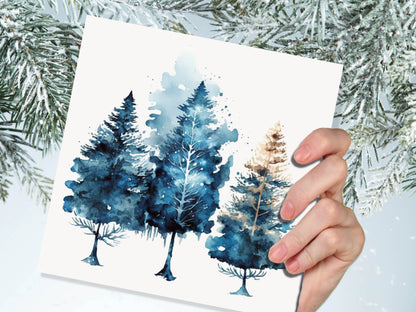 Watercolour Trees Christmas Card Prussian Blue Modern Elegant Fir Tree Messy Painting Simple Greetings Cards For Family Friends Xmas 2023