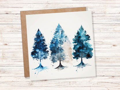 Blue Christmas Trees Card Modern Watercolour Elegant Prussian Fir Tree Messy Painting Style Greetings Cards For Family Friends Xmas 2023