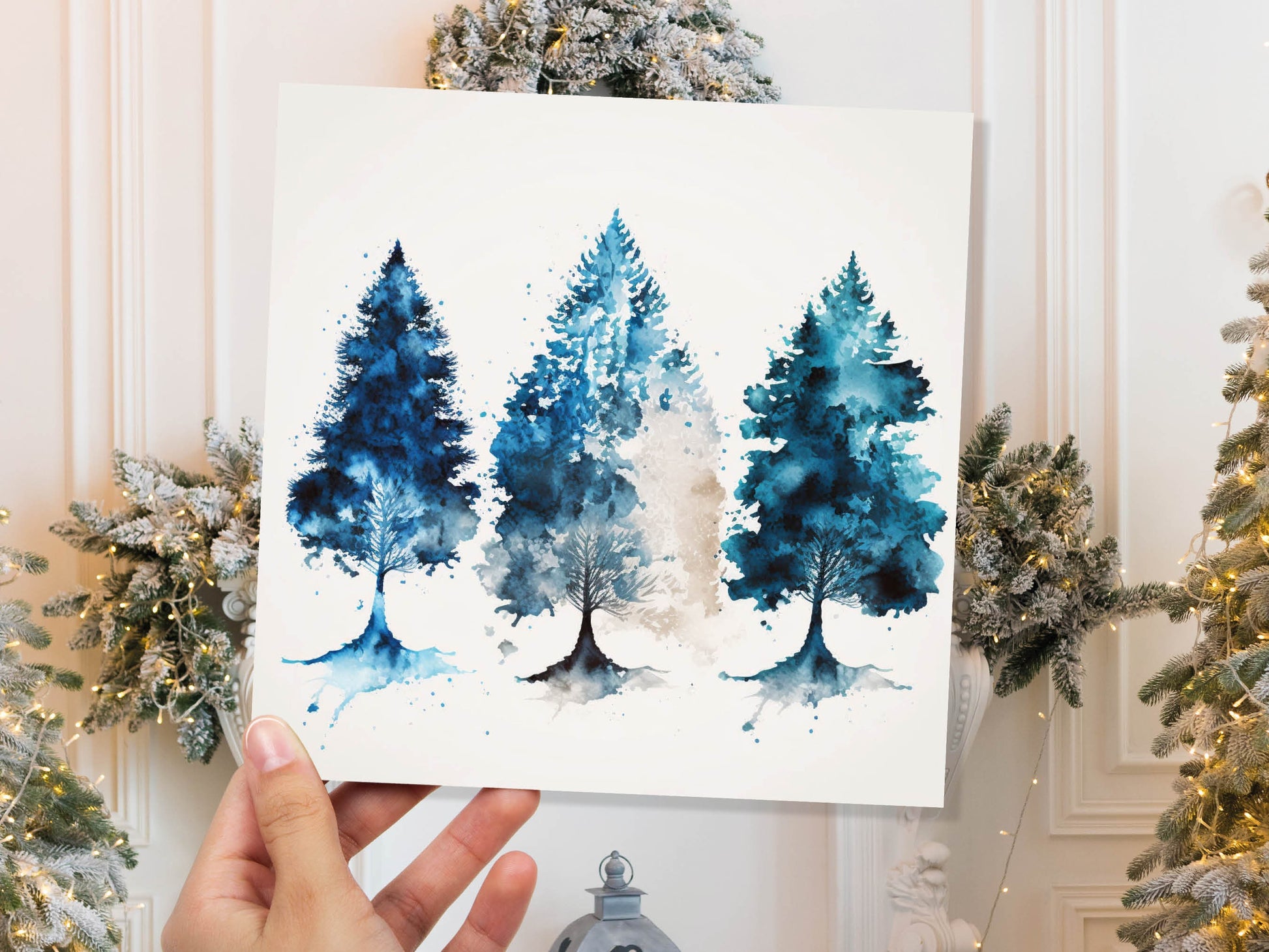 Blue Christmas Trees Card Modern Watercolour Elegant Prussian Fir Tree Messy Painting Style Greetings Cards For Family Friends Xmas 2023