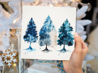 Blue Christmas Trees Card Modern Watercolour Elegant Prussian Fir Tree Messy Painting Style Greetings Cards For Family Friends Xmas 2023