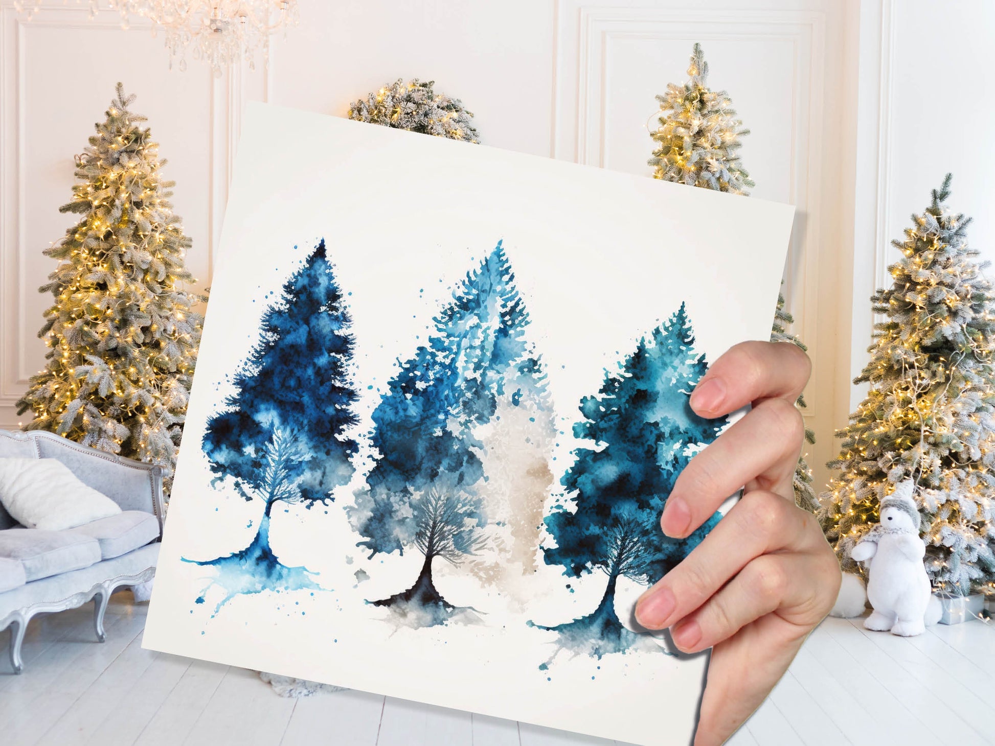 Blue Christmas Trees Card Modern Watercolour Elegant Prussian Fir Tree Messy Painting Style Greetings Cards For Family Friends Xmas 2023